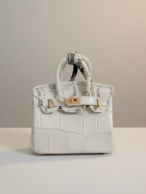 Mini Croc Embossed Top Handle Bag Charm White Gradient Genuine Cowhide Leather